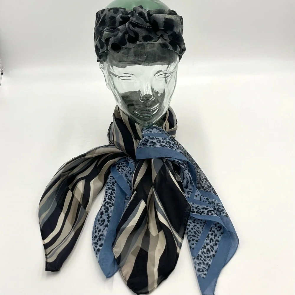 Vintage Animal Print Scarves Set of Three Leopard Zebra Tiger‎ Snake Blue Black